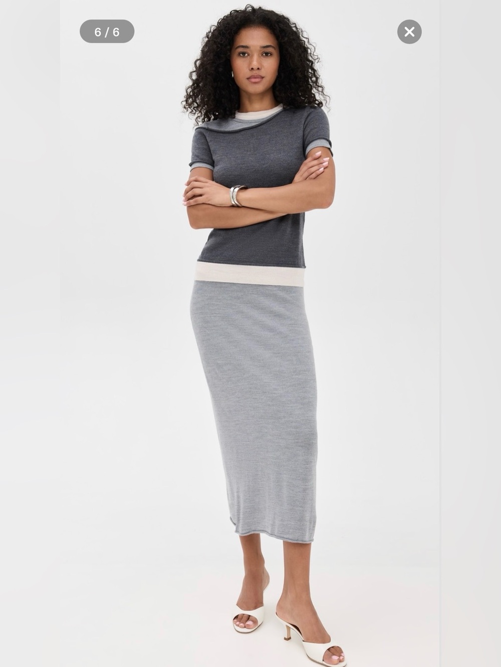 STAUD Lyric Layered Short Sleeve Gray and Cream Knit Wool Midi Dress
